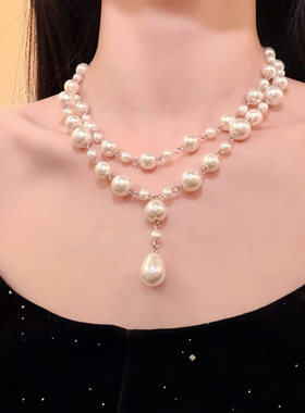 HEY TAO法式复古水滴珍珠choker项链双层叠戴颈链配饰百搭锁骨链