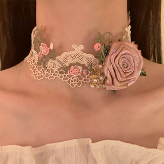 HEY TAO 蔷薇恋人 蕾丝花瓣项链花朵项圈洛丽塔颈链设计感锁骨链