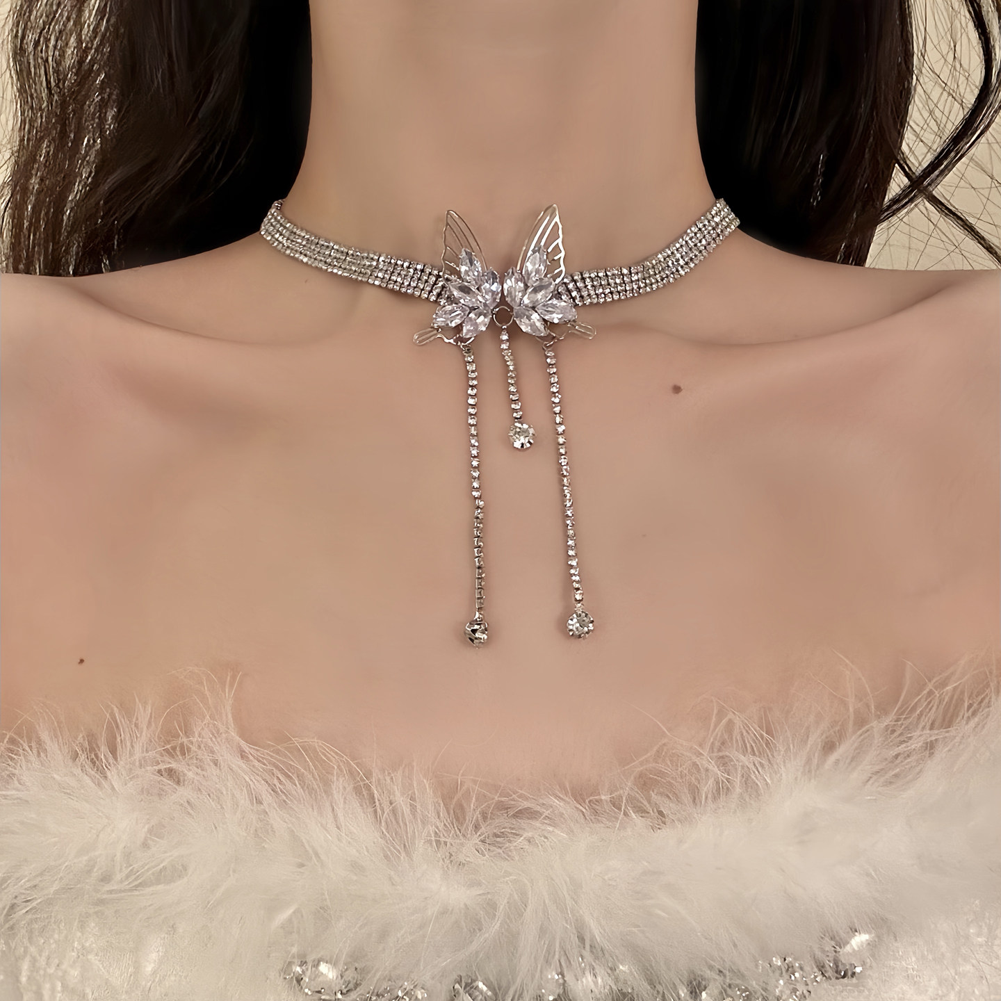 HEY TAO超仙精致镶钻蝴蝶流苏choker锆石项链女轻奢时尚宴会颈链