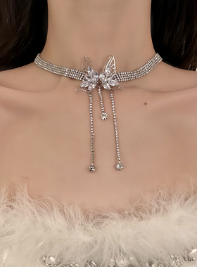 HEY TAO超仙精致镶钻蝴蝶流苏choker锆石项链女轻奢时尚宴会颈链