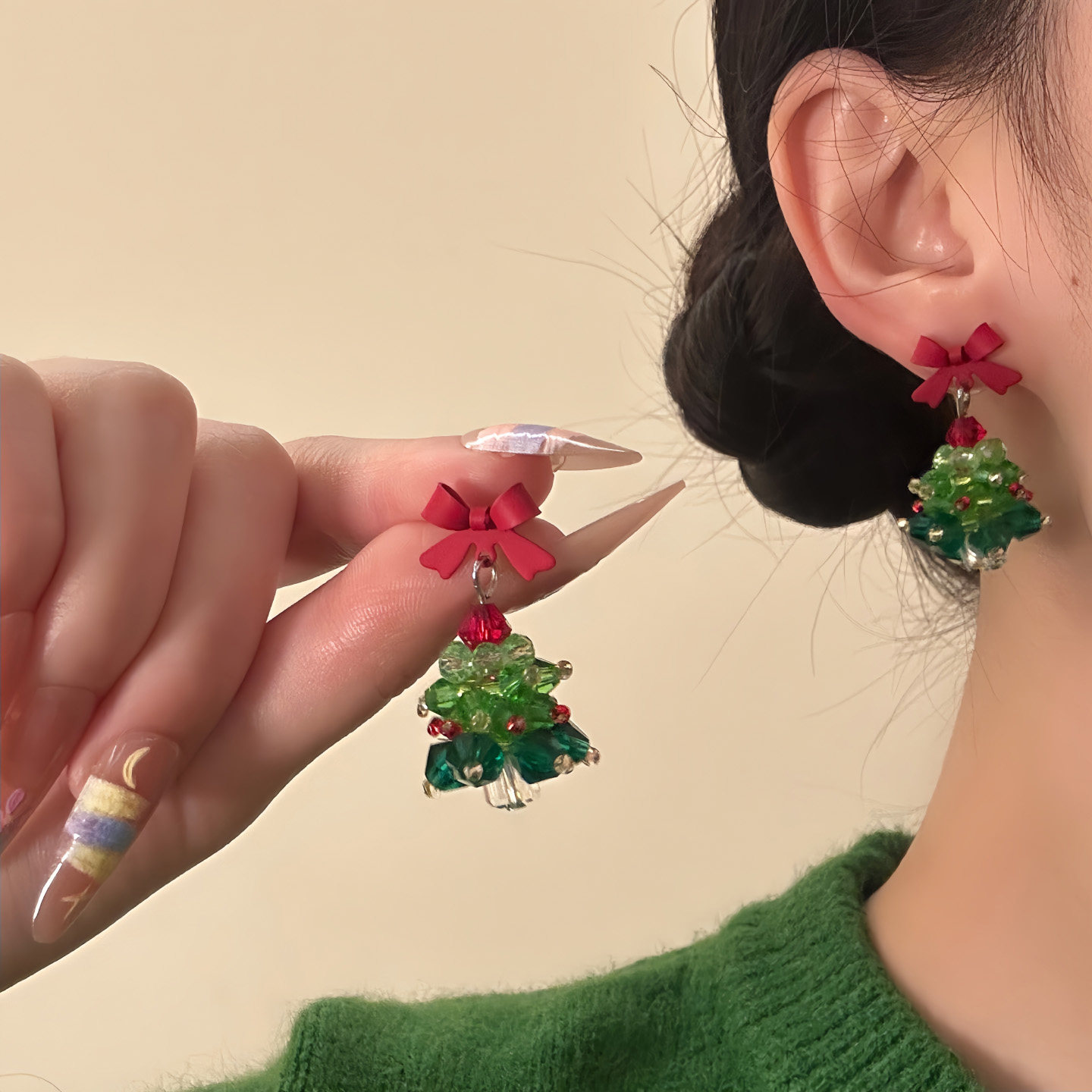 HEY TAO冬日绝美蝴蝶结圣诞树耳环女圣诞节装扮耳饰饰品气质耳钉