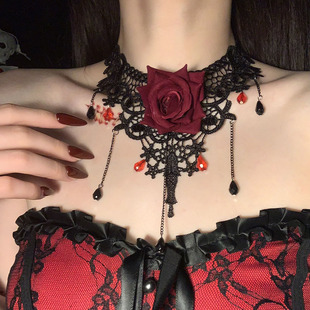 HEY TAO万圣节复古哥特项链女暗夜玫瑰蕾丝choker亚文化气质颈链
