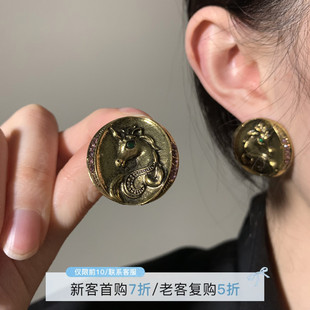 HEY TAO复古重工金属马首耳钉高级感气质耳环小众中古夸张耳饰女