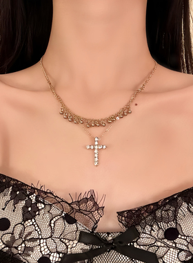 HEY TAO金色镶钻十字架叠戴项链女小众设计高级感颈链配饰锁骨链
