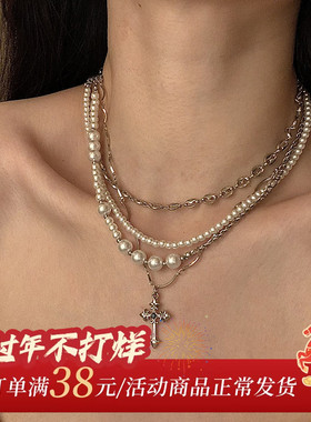 HEY TAO 千金廖斯 叠戴十字架珍珠项链甜酷choker锁骨链颈链配饰