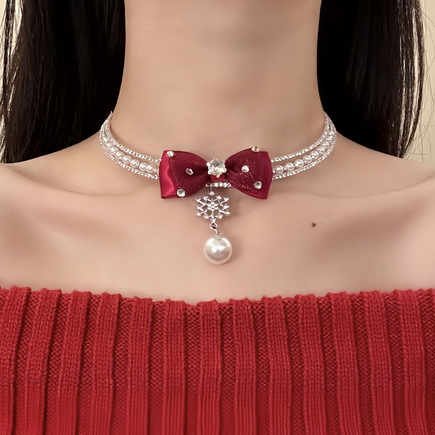 HEY TAO圣诞氛围感红色蝴蝶结choker秋冬雪花珍珠吊坠项链配饰女