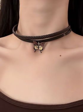 HEY TAO复古美拉德咖色蝴蝶choker双层皮质项圈辣妹项链脖子配饰