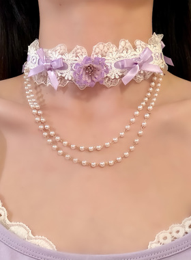 HEY TAO紫色花朵蝴蝶结蕾丝choker项链女甜美气质颈带小众锁骨链