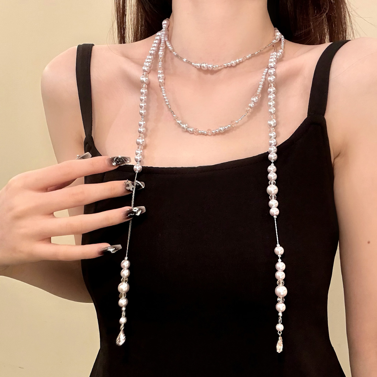 HEY TAO法式复古多层珍珠叠戴项链秋冬氛围感长款毛衣链颈链配饰