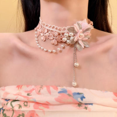 HEY TAO复古粉色花朵蕾丝choker珍珠流苏项链甜美气质颈链锁骨链