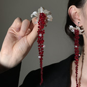 HEY TAO复古红色鸢尾花串珠耳钉女独特夸张气质耳环长款 流苏耳饰