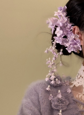HEY TAO森系紫色铃兰花朵流苏发夹女头饰超仙高级感度假拍照发饰