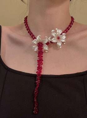 HEY TAO复古鸢尾花红色串珠项链女颈链小众高级感流苏锁骨链配饰