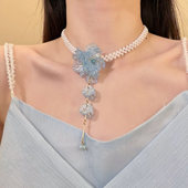 HEY TAO超仙气质蓝色花朵珍珠项链女春季 高级感颈链choker锁骨链