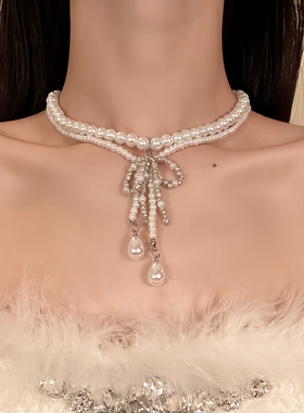 HEY TAO秋冬白色双层珍珠蝴蝶结choker项链女小众设计感颈链配饰