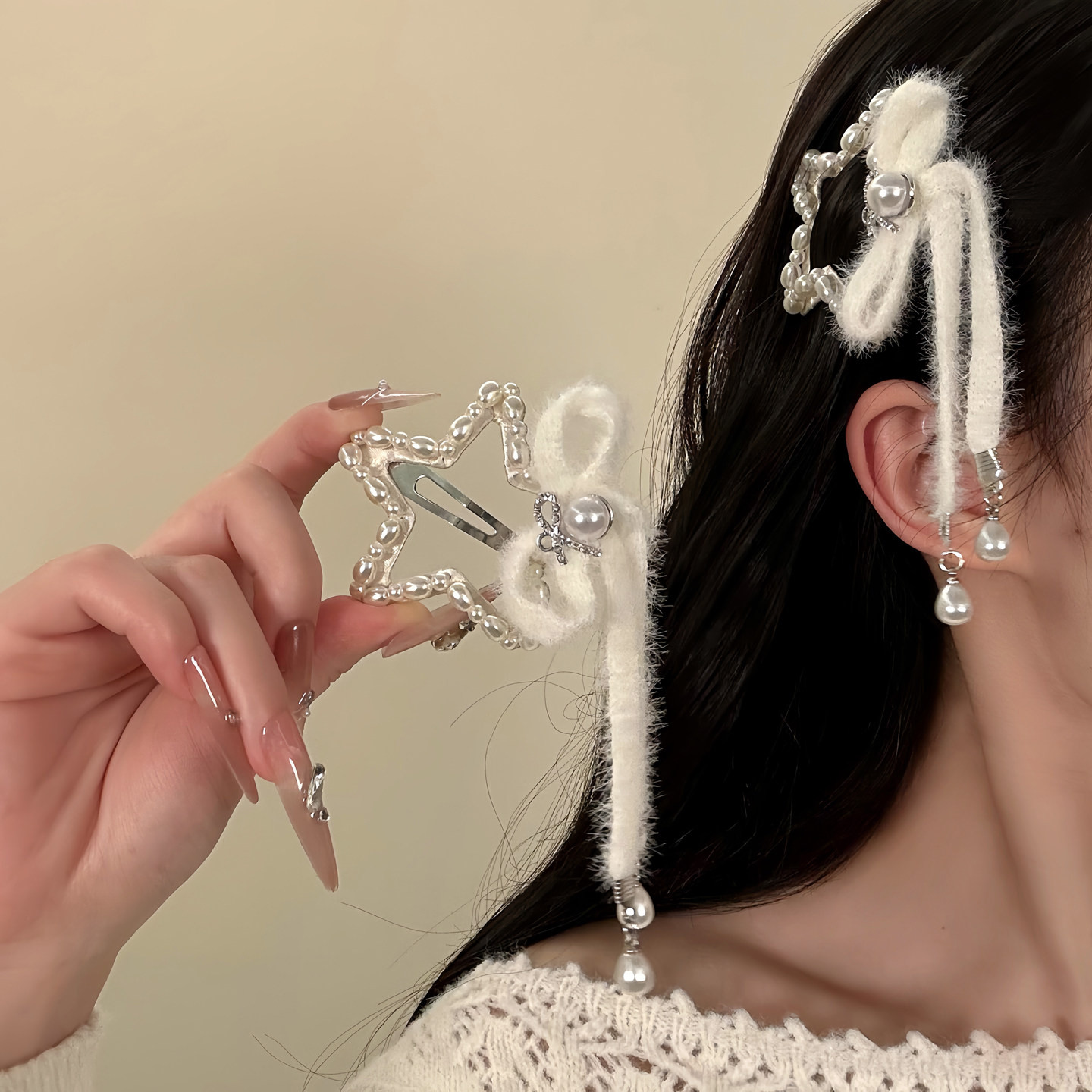 HEY TAO高颜值毛绒蝴蝶结碎发夹女秋冬新款BB夹毛茸茸刘海夹发饰