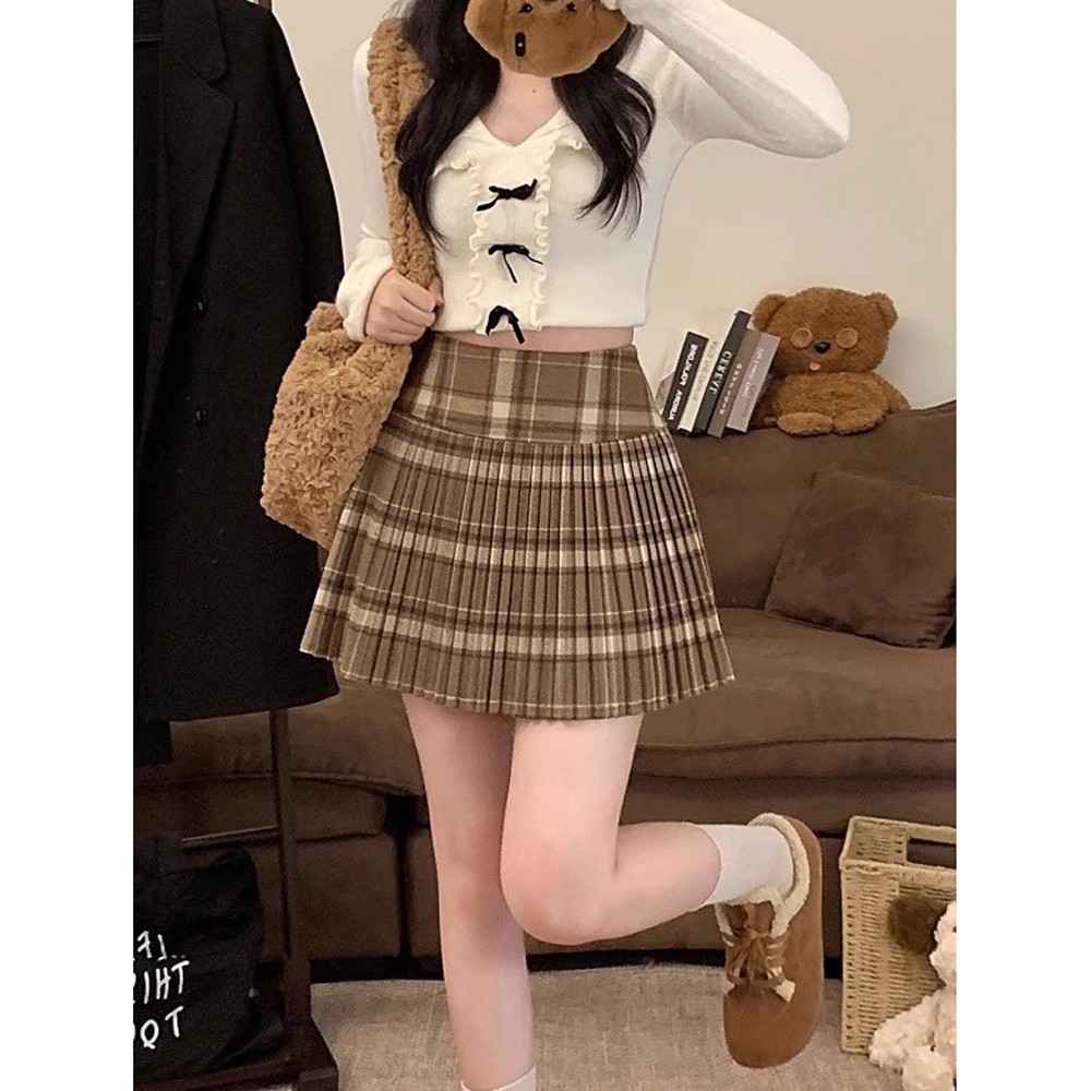 秋季复古撞色半身裙女时尚百搭格纹毛呢A字百褶裙高腰显瘦短裙子