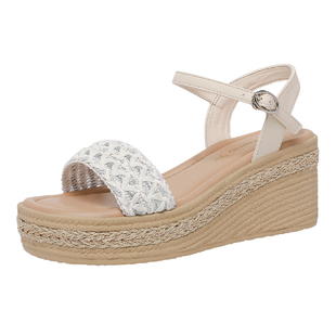 红蜻蜓2026夏季 女凉鞋 坡跟厚底增高7cm皮面织物时尚 软底高跟 新款