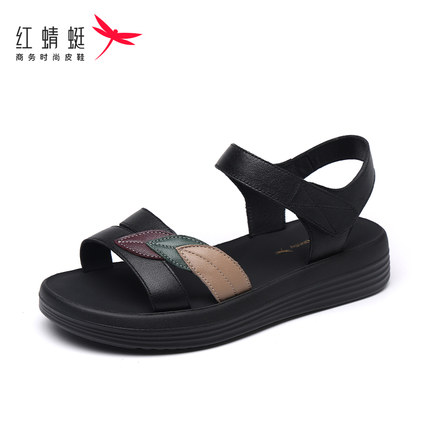 红蜻蜓女凉鞋2026夏季头层牛皮轻便舒适中老年防滑平底妈妈女鞋软