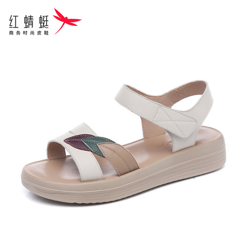 红蜻蜓平底真皮妈妈沙滩鞋