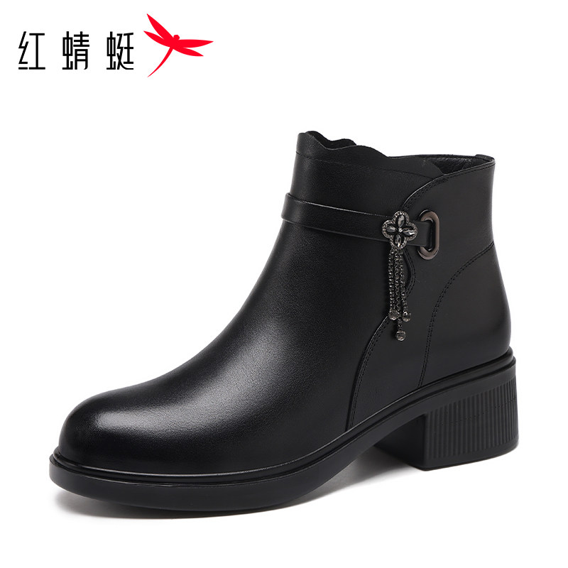 红蜻蜓冬季女中跟牛皮妈妈短棉靴