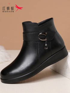 头层牛皮加绒保暖防滑一脚蹬侧拉链中老年妈妈女鞋 红蜻蜓新款 冬季
