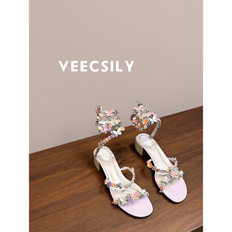 高定~法式重工立体蝴蝶花朵高跟凉鞋女2025新款缠绕仙女风婚鞋
