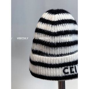 【VEECSILY】招牌款 / 凯旋门~25s秋冬 兔毛百搭条纹保暖毛线帽女