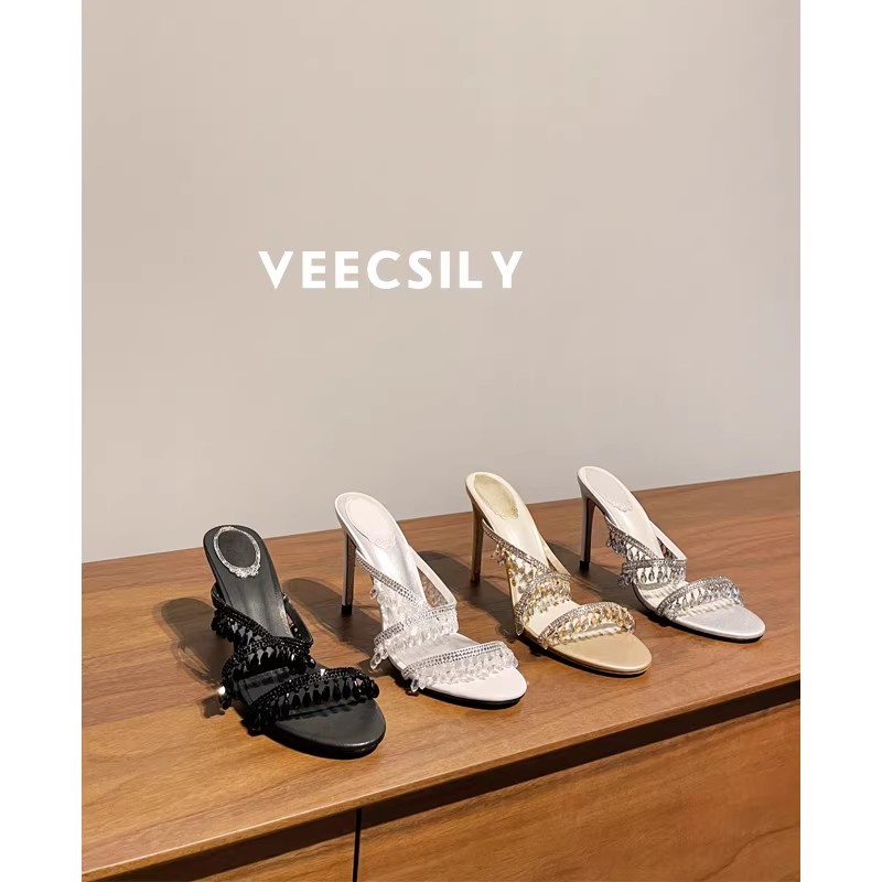 高定版 2025年新款夏季水钻一字带细跟凉拖鞋女仙女风高跟鞋外穿