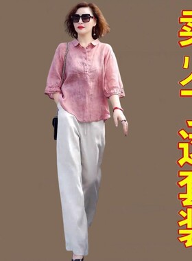时尚休闲苎麻套装夏季新款女装洋气妈妈棉麻衬衫上衣阔腿裤两件套