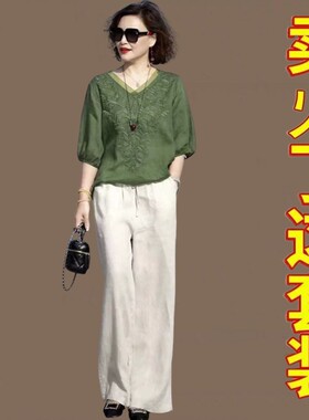 阔太太国风棉麻亚麻套装女2026夏季新款妈妈宽松显瘦阔腿裤两件套