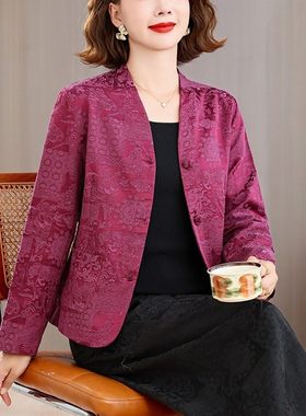 新中式提花V领显瘦短外套妈妈装