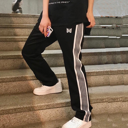 老夫子 needles 蝴蝶 刺绣黑白织带正确版TrackPants运动长裤男女
