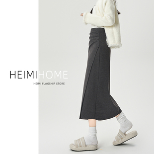 灰色褶皱毛呢裙女秋冬加厚高级不规则包臀半身裙小个子a字中长裙