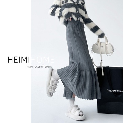 厚百褶长裙荷叶边a字中长裙