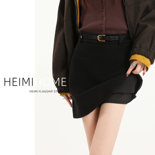 小个子黑色半身裙女秋冬高腰加厚气质包臀裙防走光高级感毛呢短裙