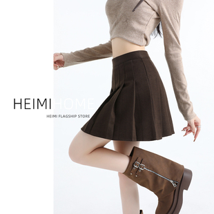 咖色毛呢百褶裙女2024秋冬季 高腰a字jk半身裙小个子学院风短裙子