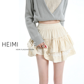 杏色蕾丝花边蛋糕半身裙女秋冬高腰丝绒包臀裙防走光a字蓬蓬短裙