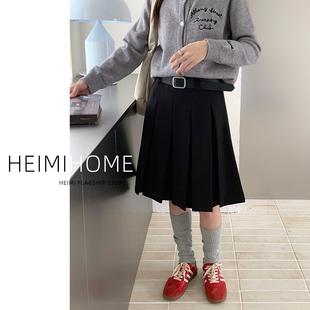 黑色高腰百褶中裙女秋冬季 裙A字裙学院风压褶毛呢半身裙 高级西装