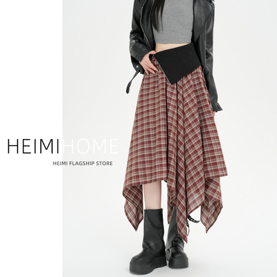 春秋冬翻腰不规则拼接格子半身裙