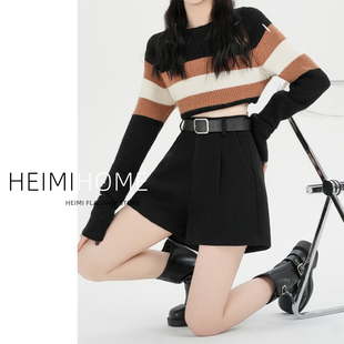 小个子a字毛呢休闲裤 高腰显瘦外穿阔腿靴裤 女2025秋冬季 黑色短裤