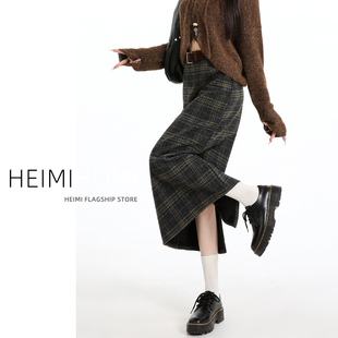 美式毛呢格子裙女秋冬季加绒高腰加厚包臀直筒裙开叉格纹半身长裙