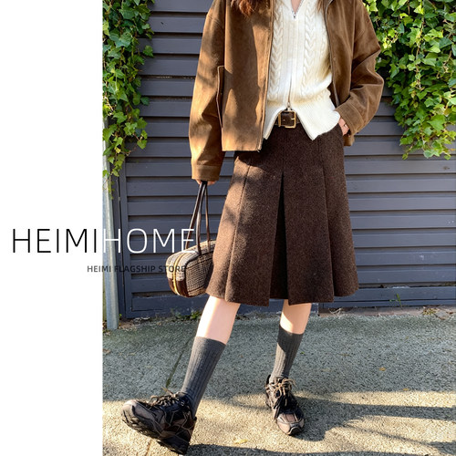 秋冬高级A字压褶毛呢百褶裙