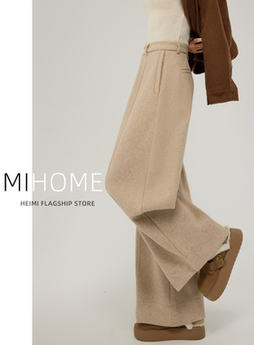 卡其色毛呢阔腿裤女秋冬季加厚设计感直筒裤宽松慵懒风中线弯刀裤