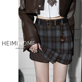 高腰不规则毛呢格子短裙女秋冬季 小个子A字包臀裙复古格纹半身裙