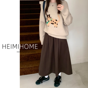 咖色加厚百褶裙女秋冬长款 a字大摆伞裙小个子复古高腰毛呢半身裙