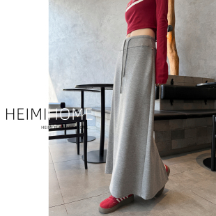 浅灰色运动半身长裙女2025秋冬季 抽绳直筒长裙慵懒感a字针织卫裙
