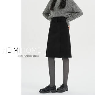 黑色毛呢过膝半身裙女秋冬高腰加厚A字五分裙气质后开叉直筒中裙