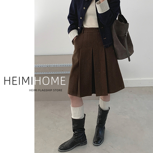 美拉德棕咖色百褶半身裙女秋冬加厚压褶五分裙小个子A字毛呢中裙