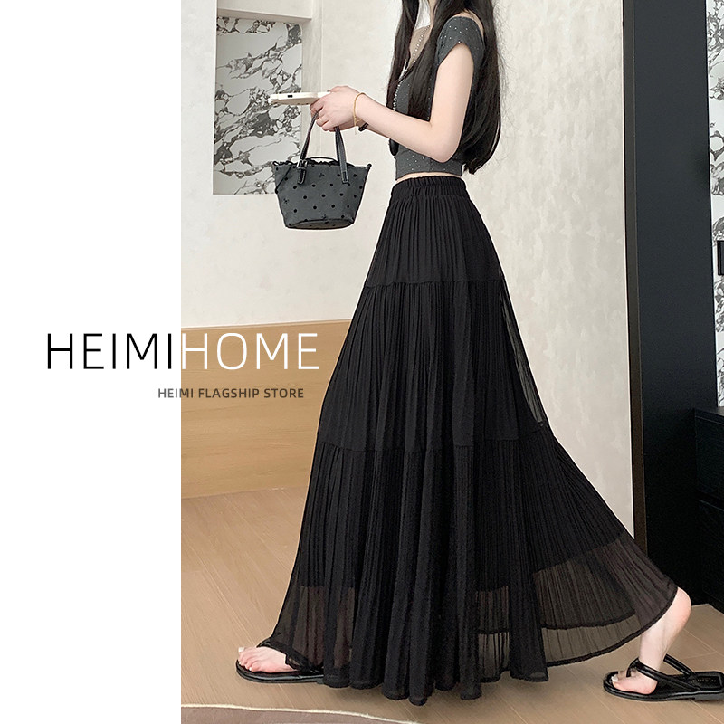 黑色仙女半身裙女夏季高腰a字百褶蛋糕裙小个子垂感雪纺压褶伞裙